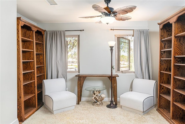 30247 Yellow Feather Dr, Canyon Lake, CA 92587 - sitting room featuring a ceiling fan, carpet flooring, visible vents, and baseboards