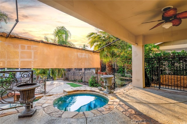 30247 Yellow Feather Dr, Canyon Lake, CA 92587 - view of swimming pool featuring an in ground hot tub, fence, and ceiling fan