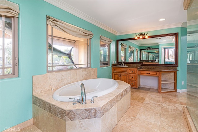 30247 Yellow Feather Dr, Canyon Lake, CA 92587 - bathroom featuring crown molding, plenty of natural light, baseboards, and a bath