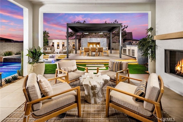27780 Reel Ln, Valencia, CA 91381 - view of patio with an outdoor living space with a fireplace, a gazebo, an outdoor pool, and exterior kitchen