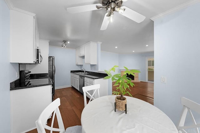 kitchen with a sink, stainless steel appliances, dark countertops, and dark wood finished floors