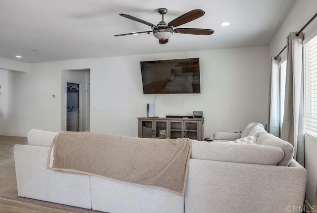 26841 Franklin Ave, Winchester, CA 92596 - living room featuring a ceiling fan, recessed lighting, and wood finished floors