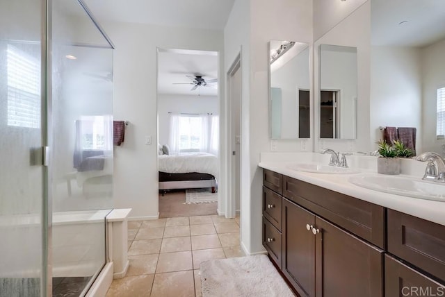 26841 Franklin Ave, Winchester, CA 92596 - bathroom featuring a ceiling fan, ensuite bathroom, a shower stall, and a sink