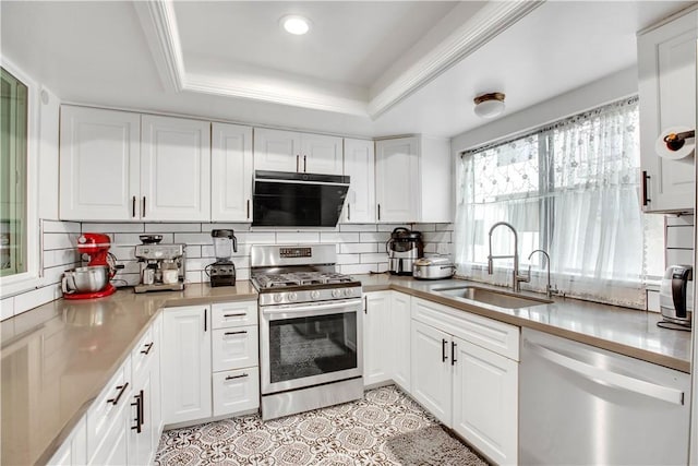 kitchen with a tray ceiling, a sink, white cabinetry, tasteful backsplash, and appliances with stainless steel finishes