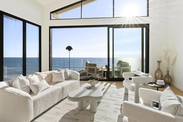 living area with plenty of natural light, a water view, wood finished floors, and baseboards