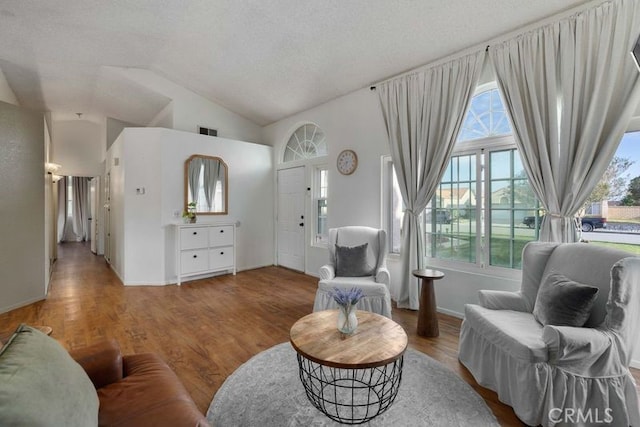 1009 Fairwind Ave, Rosamond, CA 93560 - living area with lofted ceiling, a healthy amount of sunlight, visible vents, and wood finished floors