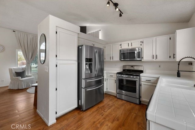 1009 Fairwind Ave, Rosamond, CA 93560 - kitchen featuring wood finished floors, a sink, stainless steel appliances, tile counters, and lofted ceiling