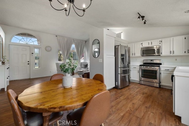 1009 Fairwind Ave, Rosamond, CA 93560 - dining room featuring lofted ceiling, a notable chandelier, dark wood-type flooring, and track lighting