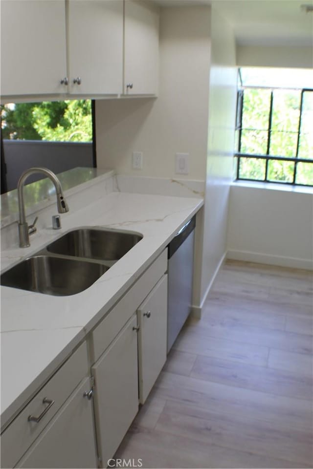 kitchen featuring white cabinetry, plenty of natural light, stainless steel dishwasher, and a sink
