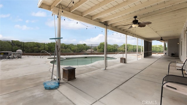 13912 Riverside Dr, Apple Valley, CA 92307 - view of pool featuring a fenced backyard, ceiling fan, a patio, and a fenced in pool