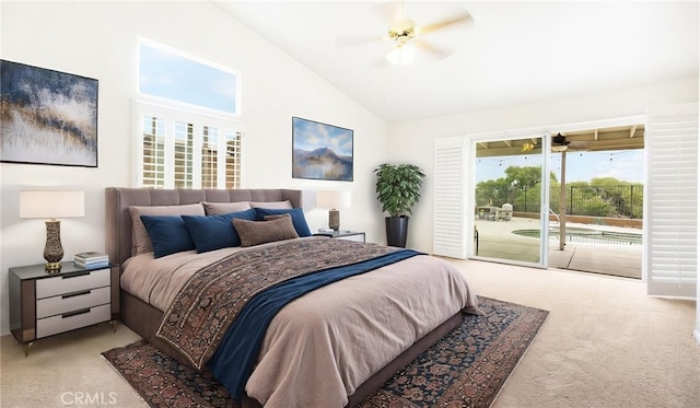13912 Riverside Dr, Apple Valley, CA 92307 - bedroom with ceiling fan, light carpet, access to outside, and high vaulted ceiling