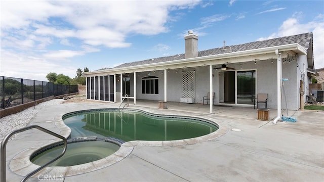 13912 Riverside Dr, Apple Valley, CA 92307 - rear view of property with a ceiling fan, stucco siding, a chimney, fence, and a patio area
