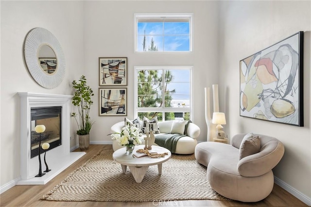 13031 Villosa Pl Unit 437, Playa Vista, CA 90094 - living area featuring baseboards, a glass covered fireplace, a towering ceiling, and wood finished floors