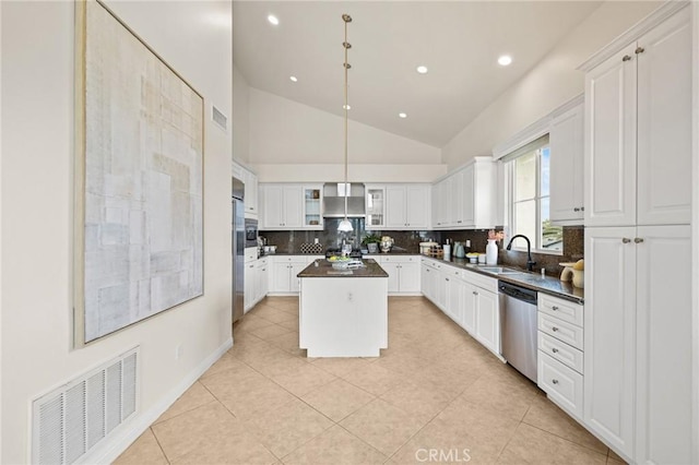 13031 Villosa Pl Unit 437, Playa Vista, CA 90094 - kitchen with stainless steel dishwasher, dark countertops, visible vents, and a sink