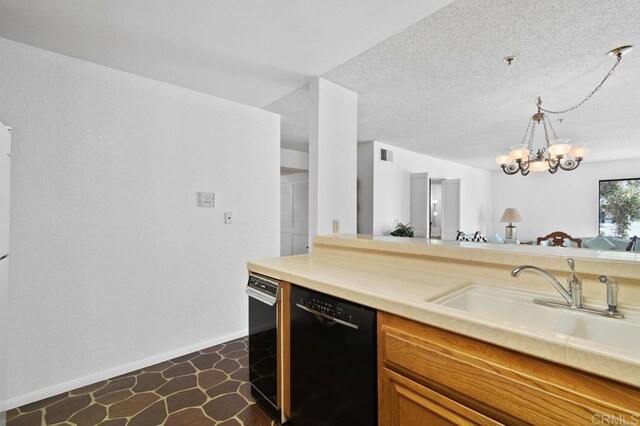 5745 Friars Rd Unit 116, San Diego, CA 92110 - kitchen featuring light countertops, dark floors, a notable chandelier, baseboards, and dishwasher