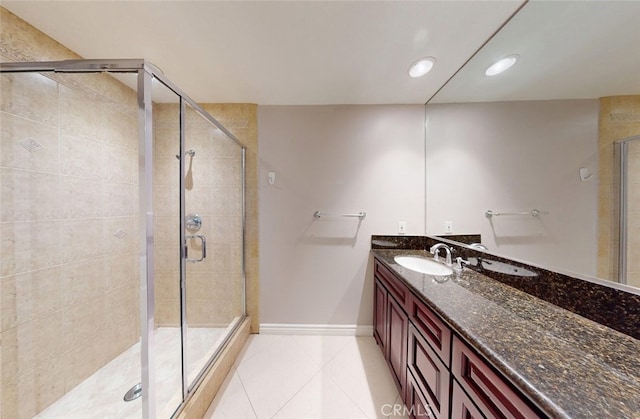 25211 Barents, Laguna Hills, CA 92653 - full bathroom with a shower stall, tile patterned flooring, vanity, baseboards, and recessed lighting
