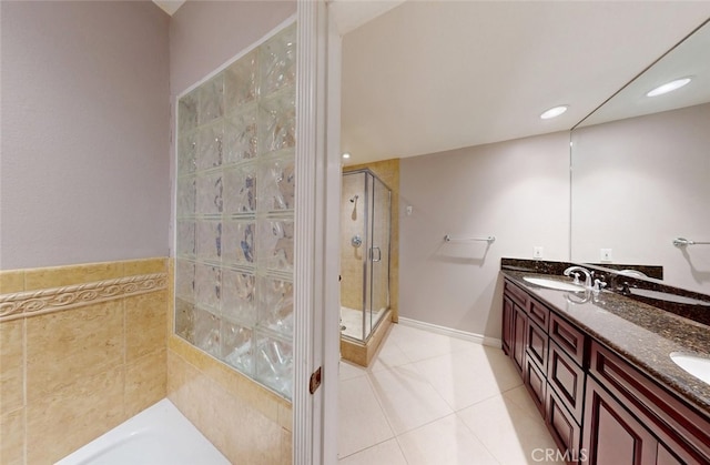 25211 Barents, Laguna Hills, CA 92653 - bathroom featuring double vanity, a sink, tile patterned floors, a bath, and a shower stall
