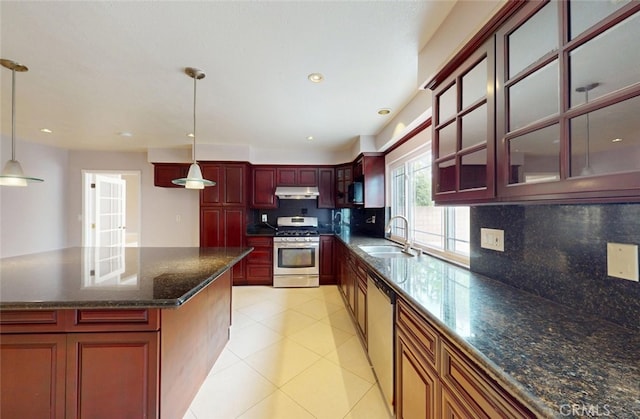 25211 Barents, Laguna Hills, CA 92653 - kitchen with appliances with stainless steel finishes, a sink, under cabinet range hood, dark brown cabinets, and backsplash