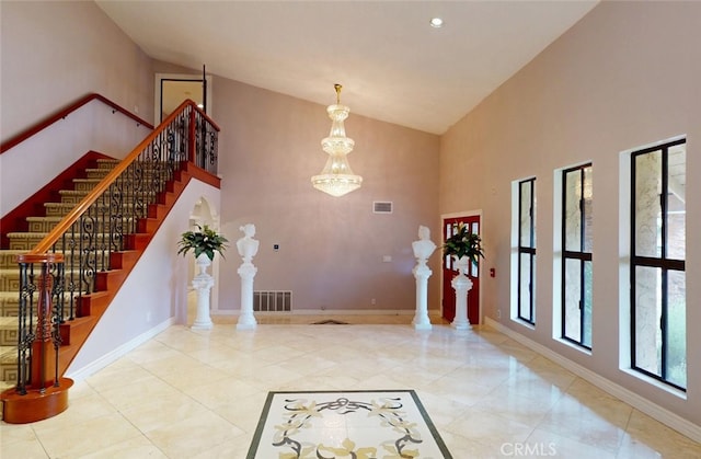 25211 Barents, Laguna Hills, CA 92653 - entrance foyer featuring high vaulted ceiling, baseboards, stairs, and recessed lighting