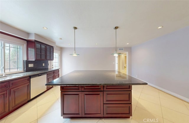 25211 Barents, Laguna Hills, CA 92653 - kitchen featuring glass insert cabinets, dishwasher, dark brown cabinets, hanging light fixtures, and a sink