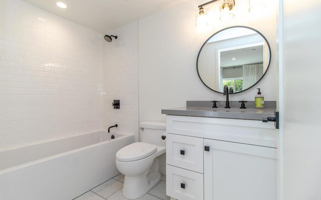 full bathroom featuring recessed lighting, toilet, tile patterned floors, vanity, and tub / shower combination