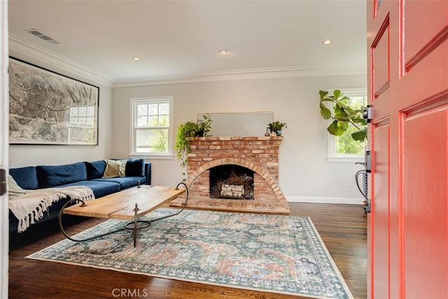 516 S Sparks St S, Burbank, CA 91506 - living room featuring baseboards, visible vents, crown molding, a fireplace, and dark wood-style floors