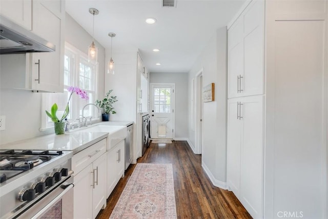 516 S Sparks St S, Burbank, CA 91506 - kitchen with white cabinetry, dark wood-style flooring, washer and dryer, and under cabinet range hood