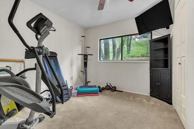 583 Arbula Dr, Crestline, CA 92325 - workout room featuring carpet, ceiling fan, and baseboards