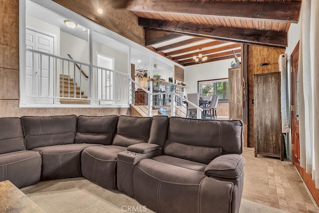 583 Arbula Dr, Crestline, CA 92325 - living room with a chandelier, stairs, and wooden ceiling