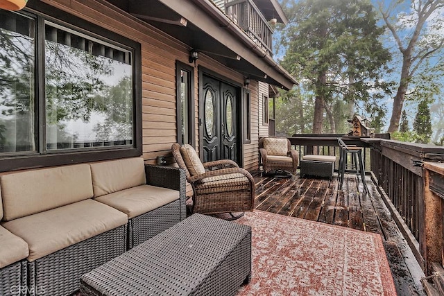 583 Arbula Dr, Crestline, CA 92325 - wooden terrace featuring outdoor lounge area