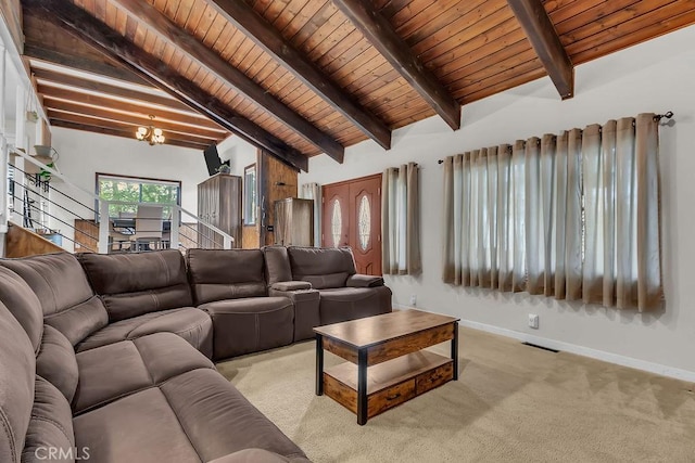 583 Arbula Dr, Crestline, CA 92325 - living area featuring baseboards, wood ceiling, light carpet, and stairway