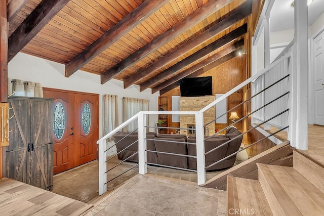 583 Arbula Dr, Crestline, CA 92325 - entryway with wood ceiling and stairway