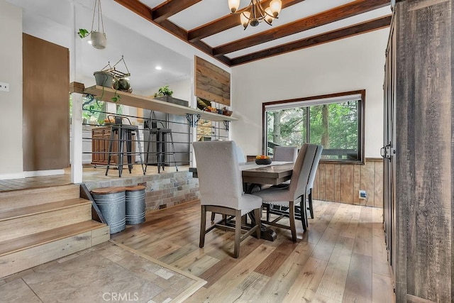 583 Arbula Dr, Crestline, CA 92325 - dining room featuring beamed ceiling, hardwood / wood-style floors, a chandelier, and a wainscoted wall