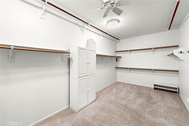 walk in closet featuring light carpet and ceiling fan