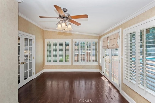 2141 Westminster Dr, Riverside, CA 92506 - unfurnished sunroom featuring baseboards, hardwood / wood-style floors, crown molding, french doors, and lofted ceiling