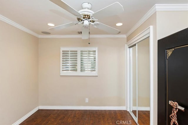 2141 Westminster Dr, Riverside, CA 92506 - unfurnished bedroom featuring ornamental molding, wood finished floors, baseboards, recessed lighting, and ceiling fan