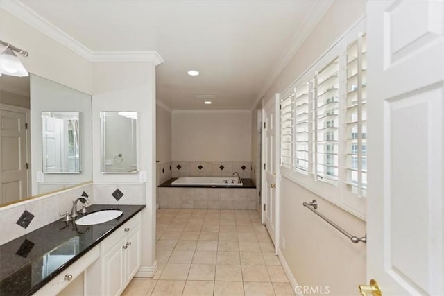 2141 Westminster Dr, Riverside, CA 92506 - bathroom featuring tile patterned floors, a garden tub, crown molding, vanity, and recessed lighting