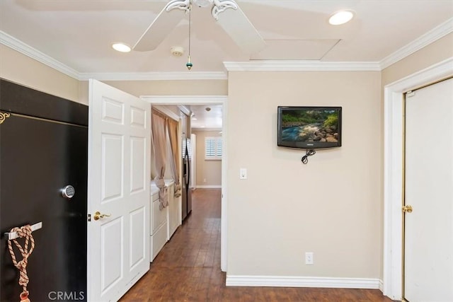 2141 Westminster Dr, Riverside, CA 92506 - hall featuring crown molding, dark wood-style flooring, baseboards, and recessed lighting