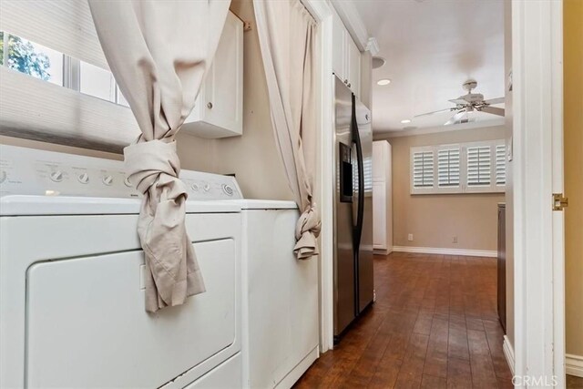 2141 Westminster Dr, Riverside, CA 92506 - washroom featuring a ceiling fan, baseboards, separate washer and dryer, recessed lighting, and dark wood finished floors
