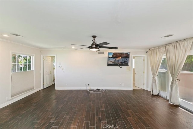 2141 Westminster Dr, Riverside, CA 92506 - unfurnished living room featuring a ceiling fan, dark wood finished floors, baseboards, and crown molding
