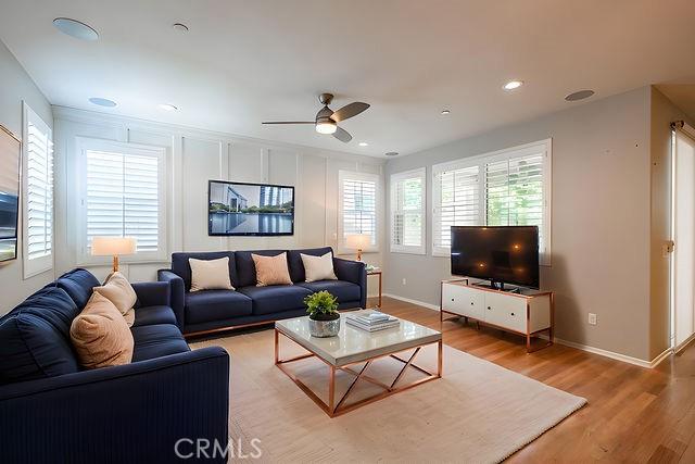 24189 Darmera Dr, Lake Elsinore, CA 92532 - living area featuring light wood-style floors, a ceiling fan, baseboards, and recessed lighting