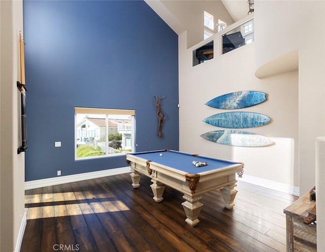 playroom with pool table, baseboards, high vaulted ceiling, and wood finished floors