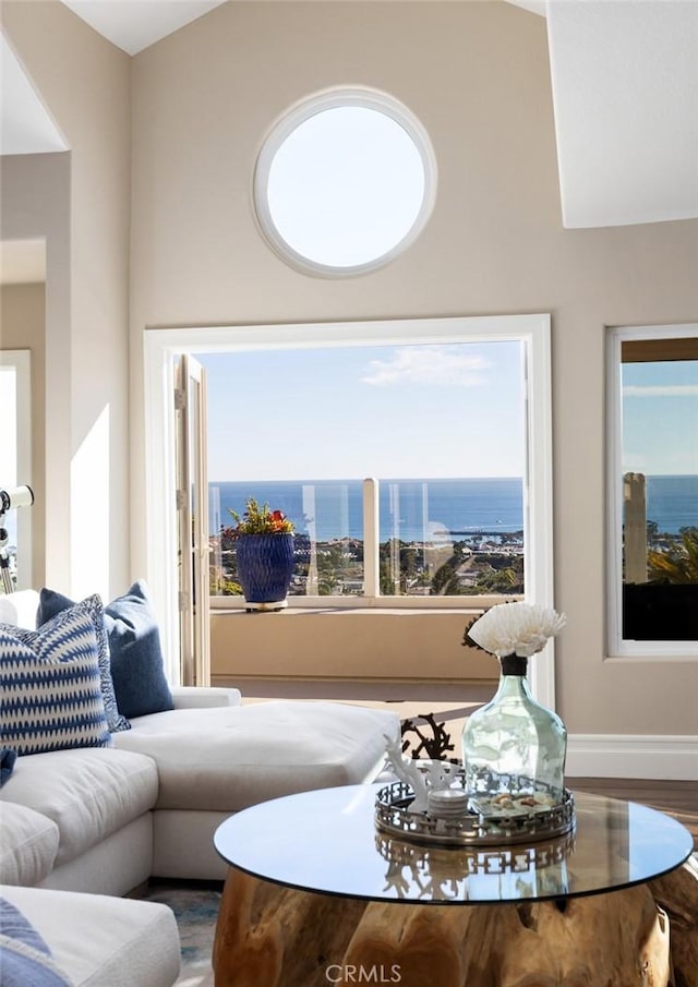 living area with a water view, wood finished floors, and baseboards