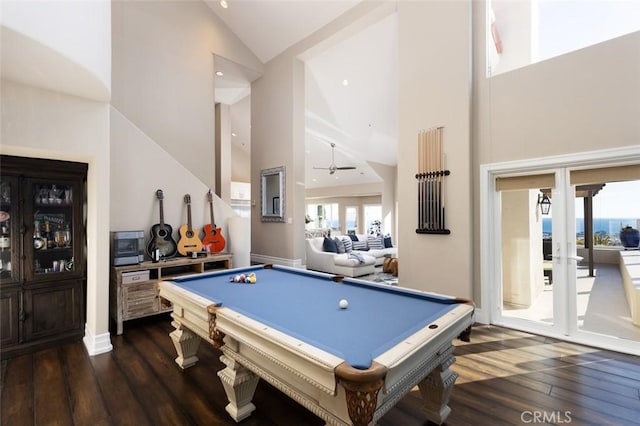 recreation room featuring a ceiling fan, pool table, high vaulted ceiling, and dark wood-type flooring