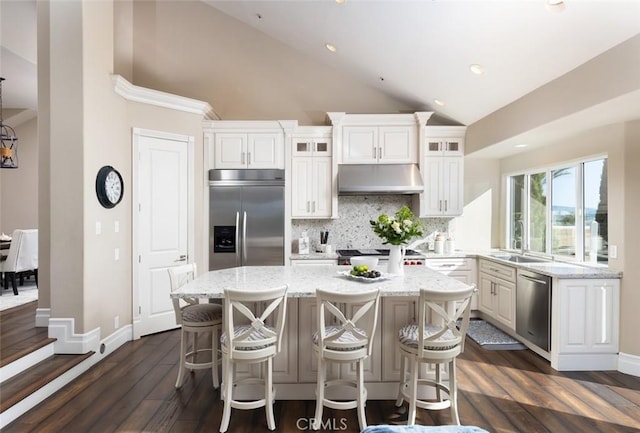 kitchen featuring glass insert cabinets, a sink, stainless steel appliances, backsplash, and under cabinet range hood