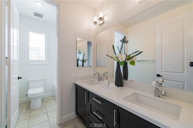 full bath with toilet, visible vents, baseboards, and a sink