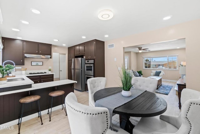 421 Cameron St, Santa Paula, CA 93060 - dining space with light wood-style floors, ceiling fan, recessed lighting, and baseboards
