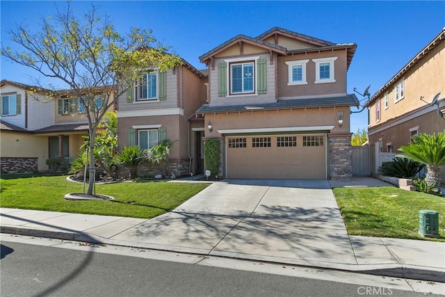 view of front of home featuring an attached garage, stucco siding, stone siding, and driveway