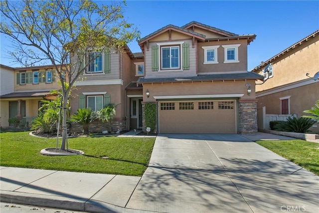 craftsman inspired home featuring a garage, stucco siding, driveway, a front yard, and stone siding