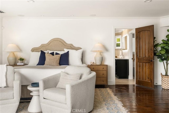 32491 Seven Seas Dr, Dana Point, CA 92629 - bedroom featuring crown molding, hardwood / wood-style flooring, ensuite bathroom, and visible vents